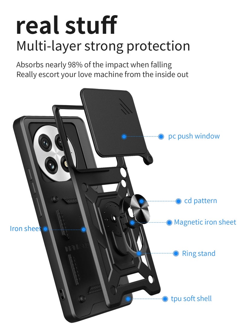 for OnePlus 13 5G Case, Slide Camera Lens Cover, Magnetic Ring Holder Kickstand Protective Phone Case for OnePlus 13 5G, Black - Image 3