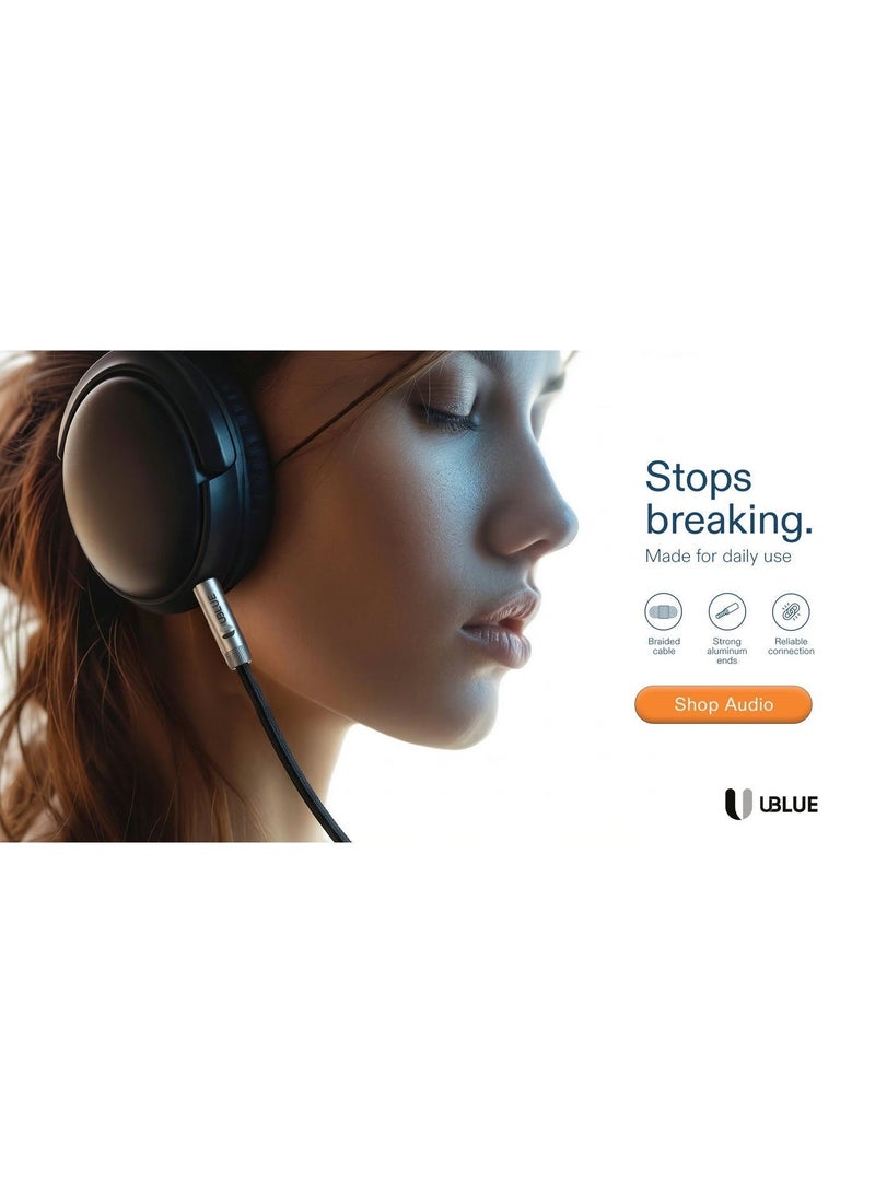 يوبلو كابل UBLUE AUX مقاس 3.5 مم، مضفر، موصل مطلي بالذهب، غلاف من الألومنيوم، مناسب لأنظمة الصوت في السيارة/المنزل، طوله 1.2 متر، لونه أسود، متوافق مع أجهزة MacBook وPS4 وPS5 وXbox والهواتف المحمولة والأجهزة اللوحية ومشغلات MP3 في السيارات - Image 2