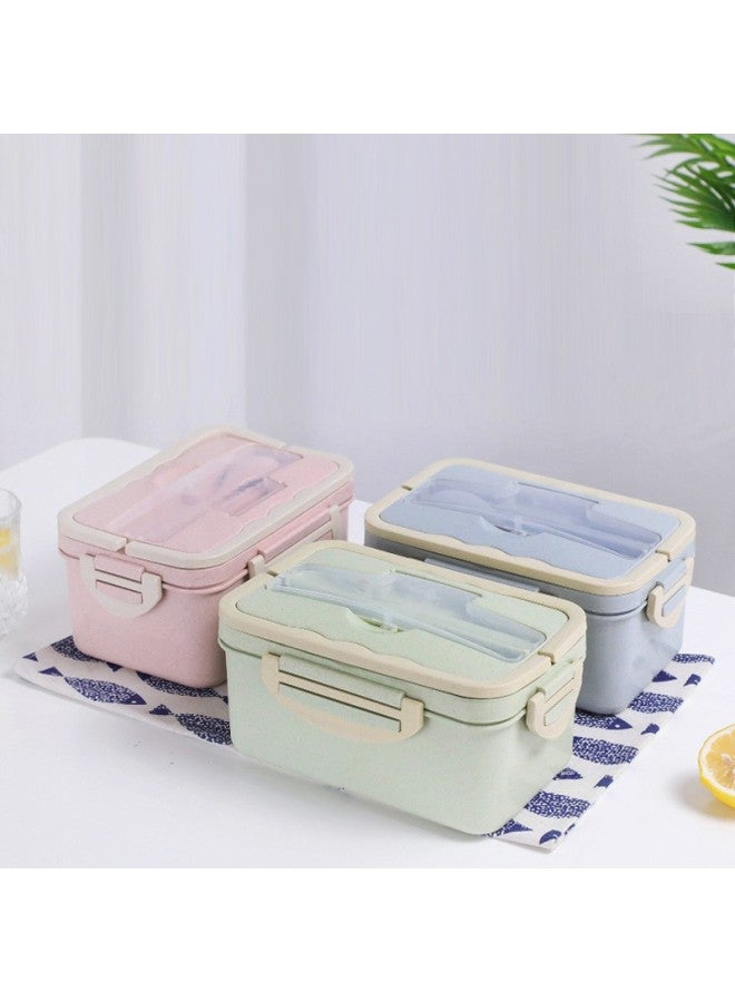 Factory Direct Wheat Straw Lunch Box With Chopsticks Microwave Oven Three-grid Lunch Box Student Adult Lunch Box-Specifications:1500ml Lunch Box-Color:Nordic Blue + Chopsticks  - Image 1
