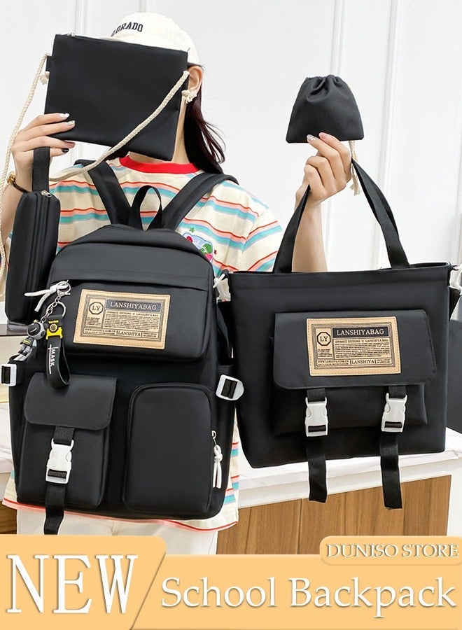 DUNISO 5PCS Kids School Backpack Set Canvas Laptop School Bag Sets for Kids with Tote Bag,Shoulder Bag,Pencil Box,Small Bag ,Large-capacity Bookbag for Girls Boys Back to School Supplies - Image 1