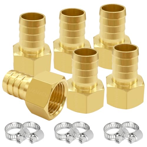Uenede 6PCS Brass Hose Barb Fittings 1/2" NPT Female to 5/8" Barb Adapter Connector Include 6 Stainless Steel Clamps for Water/Oil/Gas - Image 1