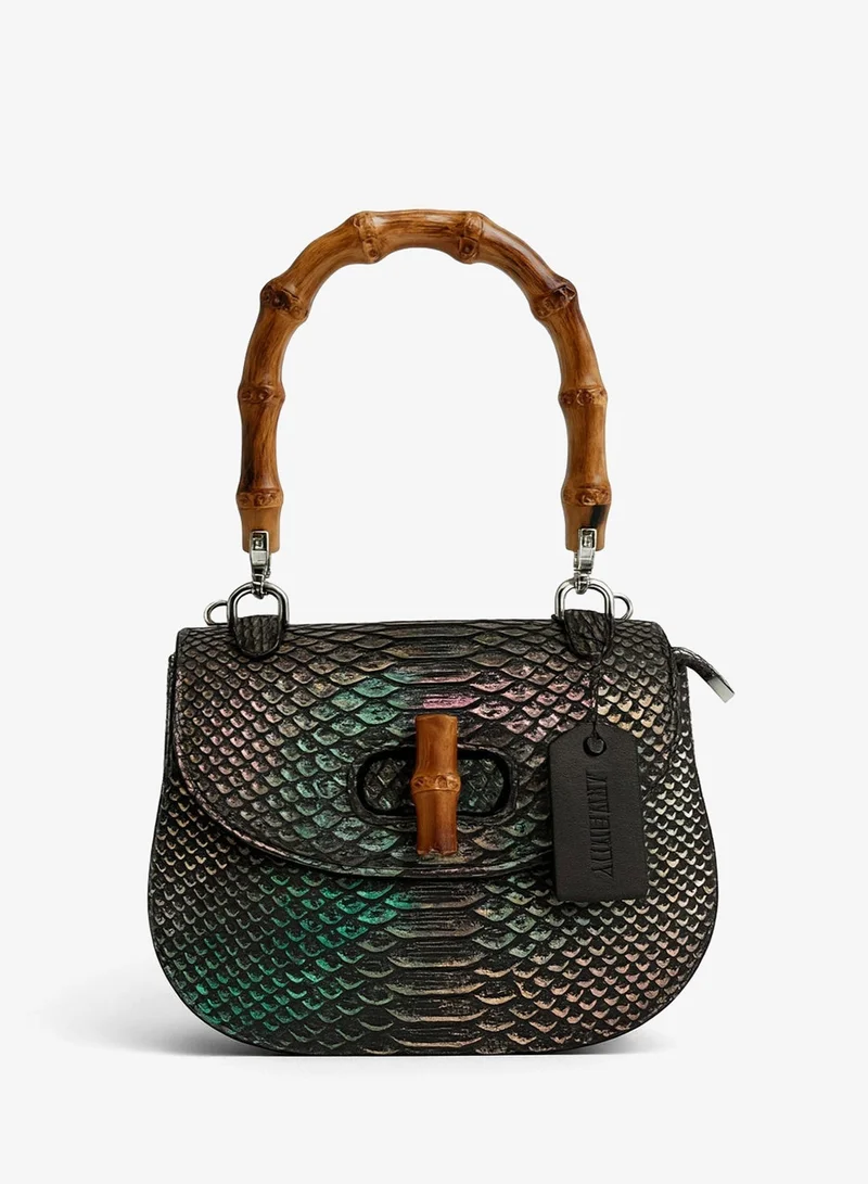 2Trendy Women's Black Snake-Texture Handbag with Bamboo Handle