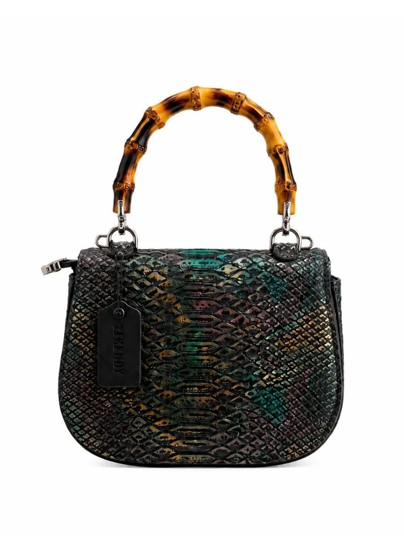 2Trendy Women's Black Snake-Texture Handbag with Bamboo Handle