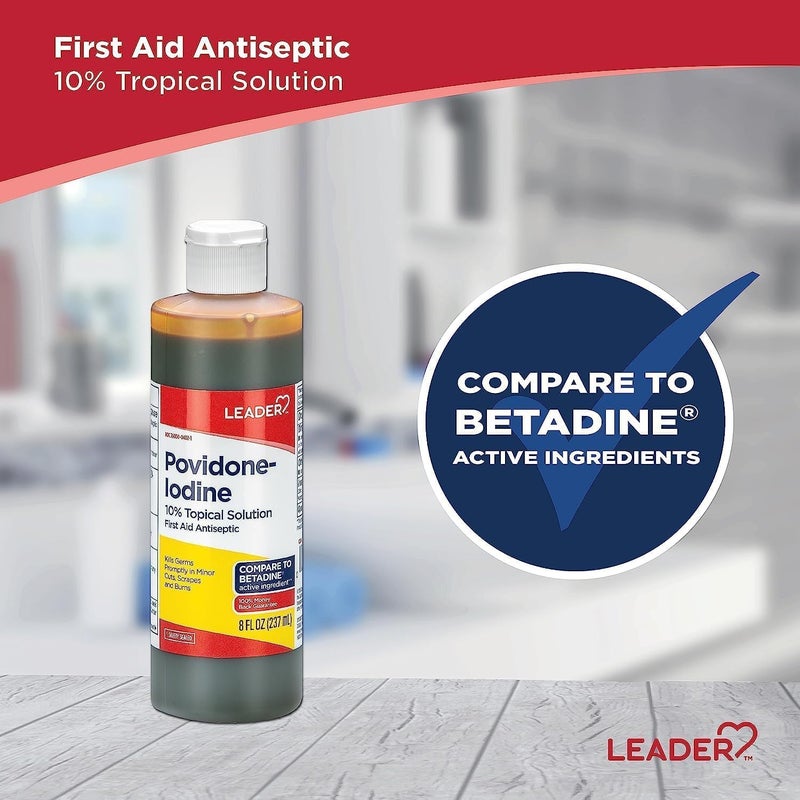 Leader Povidone Iodine 10 Prep Solution USP First Aid Antiseptic Wound Cleanser Wound Wash Antiseptic Soap 8 Fl Oz Pack of 1 - Image 2