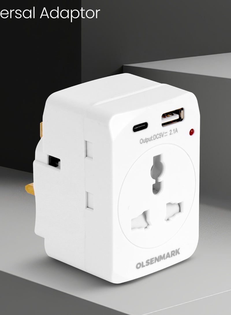 Olsenmark Olsenmark Universal Adaptor- OMES1889, ABS Housing, Copper Parts and Pin, Global Compatibility, 1 UK, 2 UK Adaptors, 2 Way USB - Image 1