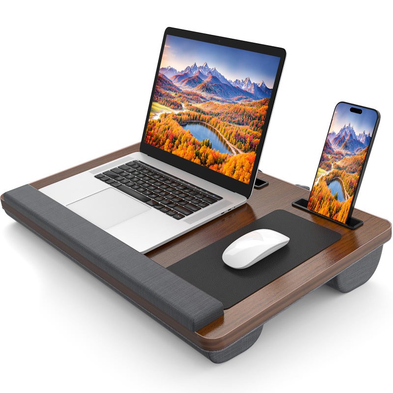 HETTHI Laptop Lap Desk Portable Large Laptop Desk for Bed Up to 17 in Lap Table with Wrist Rest Mouse Pad Tablet Phone Slot Portable Handle Lap Tray with Cushion Dark Brown