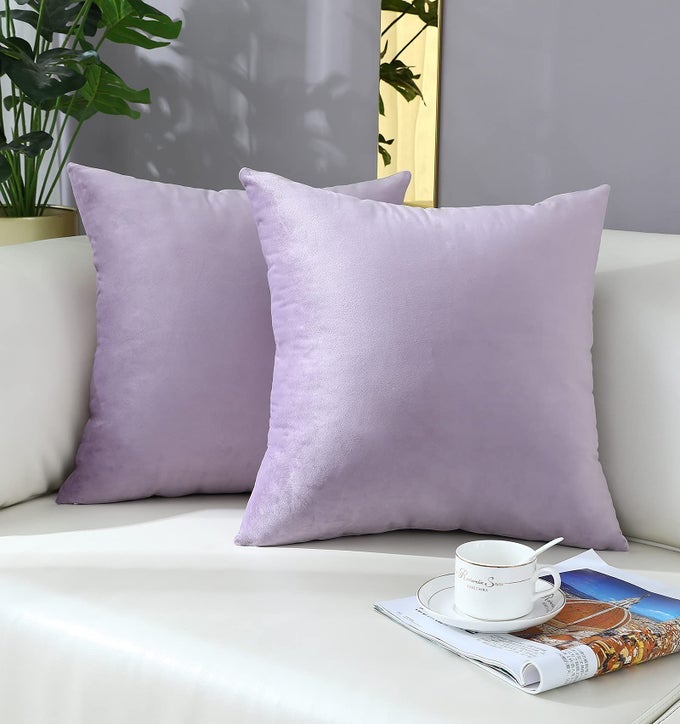 COMFY LAVENDER THROW PILLOW COVERS DECORATIVE SQUARE SOLID THICK VELVET SUPER SOFT CUSHION CASES HOME DECOR FOR SOFA COUCH LIVING ROOM CHAIR SET OF 2 18 X 18 INCH