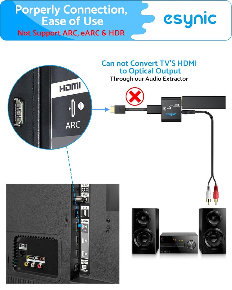 eSynic HDMI Audio Extractor for Fire TV Stick 4K@30Hz (Non-ARC/eARC), HDMI to AUX 3.5mm Converter Supports PCM, Dongle for Headphones and Speakers, 3.5mm to 2RCA Cable Included - Image 3