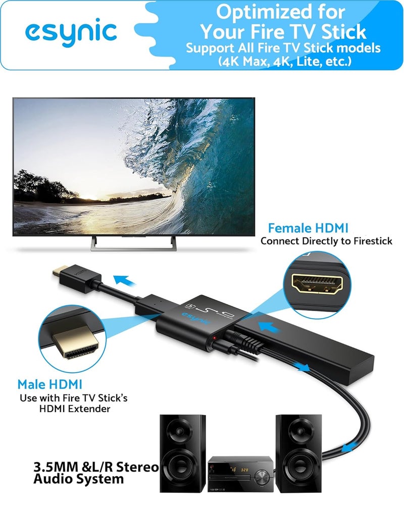 eSynic HDMI Audio Extractor for Fire TV Stick 4K@30Hz (Non-ARC/eARC), HDMI to AUX 3.5mm Converter Supports PCM, Dongle for Headphones and Speakers, 3.5mm to 2RCA Cable Included - Image 5