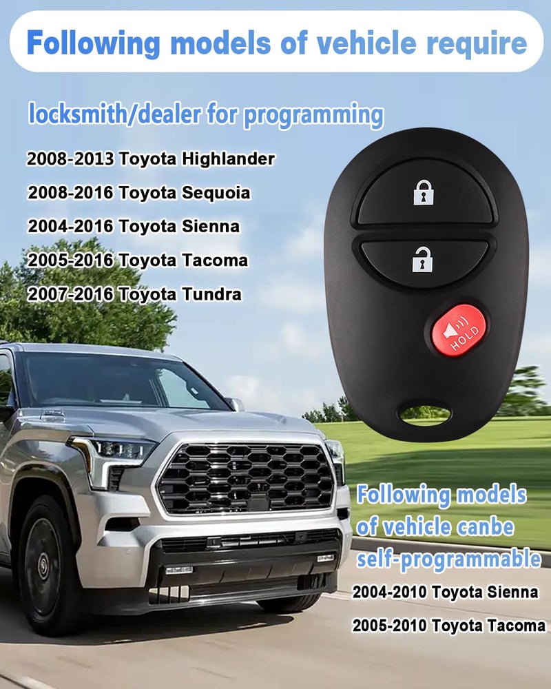 Kaboll Key Fob Keyless Entry Remote Replacement for Toyota Tacoma Tundra Sienna Sequoia Highlander - 3 Buttons Car Key Fob FCC: GQ43VT20T (Set of 2) - Image 5