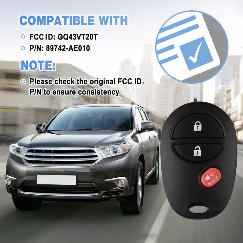 Kaboll Key Fob Keyless Entry Remote Replacement for Toyota Tacoma Tundra Sienna Sequoia Highlander - 3 Buttons Car Key Fob FCC: GQ43VT20T (Set of 2) - Image 2