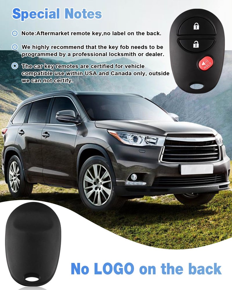 Kaboll Key Fob Keyless Entry Remote Replacement for Toyota Tacoma Tundra Sienna Sequoia Highlander - 3 Buttons Car Key Fob FCC: GQ43VT20T (Set of 2) - Image 4