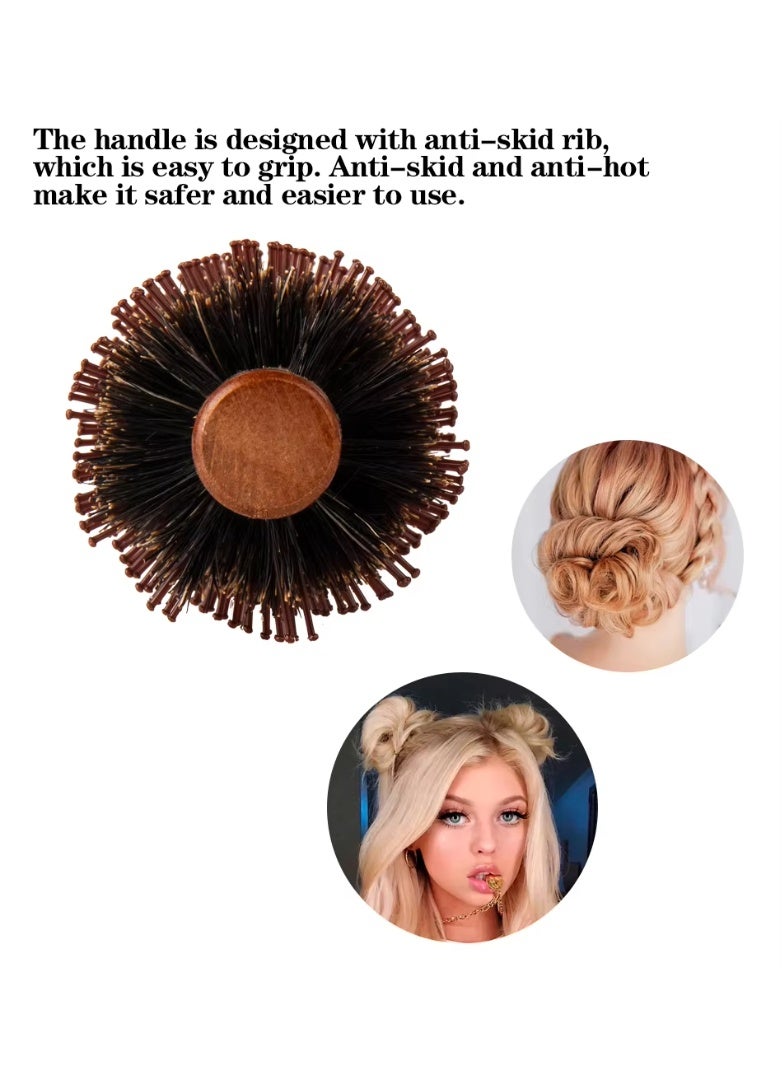 فرشاة شعر دائرية بشعيرات طبيعية مضادة للكهرباء الساكنة، بمقبض خشبي، لتدليك فروة الرأس وتكثيف الشعر المجعد - Image 2
