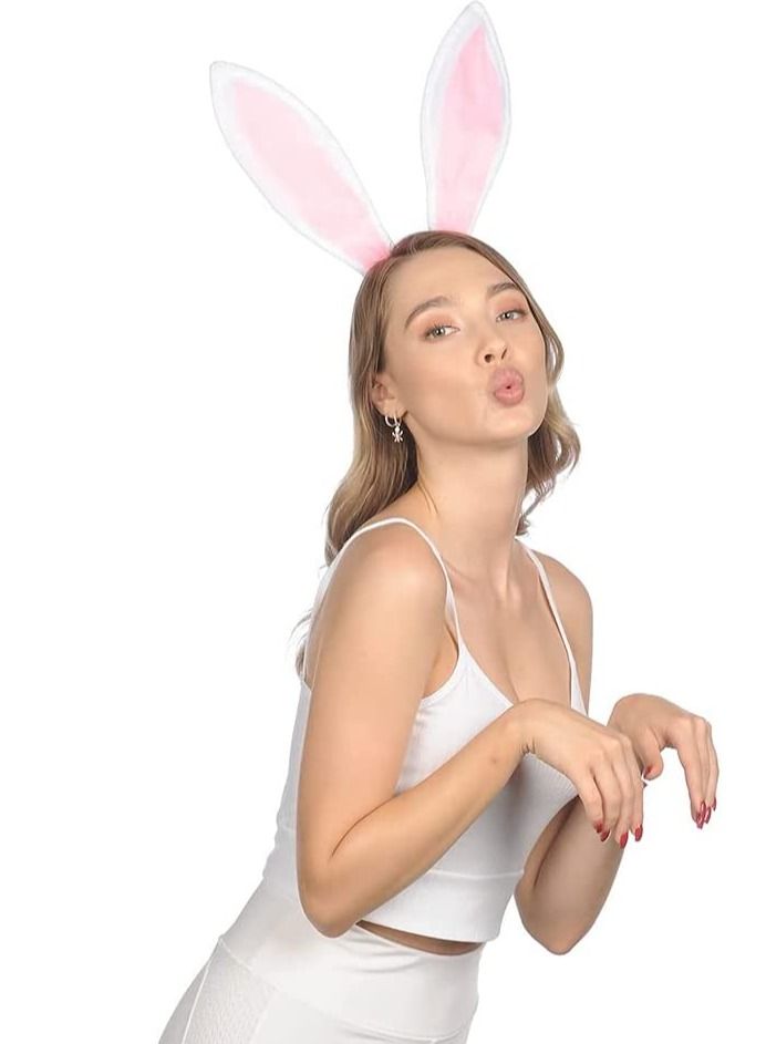 واي آند دي Bunny Ears Headband Plush Rabbit Headwear Girl Ear Headband, for Cosplay Party Favor White and Pink Costume Accessories Kids Adults - Image 3