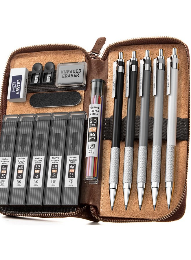 Nicpro 17Pcs Metal 2Mm Mechanical Pencil Set In Leather Case, 5 Pcs 2.0 Mm Lead Pencil Holders (4B 2B Hb 2H 4H) 6 Tube Black Colored Lead Refills, Erasers, Sharpener For Art Drafting Sketching Drawing - Image 1