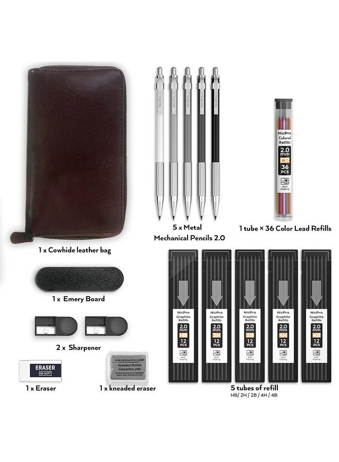Nicpro 17Pcs Metal 2Mm Mechanical Pencil Set In Leather Case, 5 Pcs 2.0 Mm Lead Pencil Holders (4B 2B Hb 2H 4H) 6 Tube Black Colored Lead Refills, Erasers, Sharpener For Art Drafting Sketching Drawing - Image 3