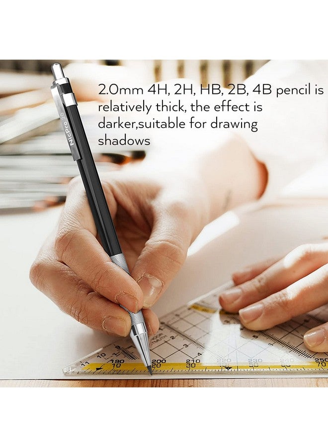 Nicpro 17Pcs Metal 2Mm Mechanical Pencil Set In Leather Case, 5 Pcs 2.0 Mm Lead Pencil Holders (4B 2B Hb 2H 4H) 6 Tube Black Colored Lead Refills, Erasers, Sharpener For Art Drafting Sketching Drawing - Image 5