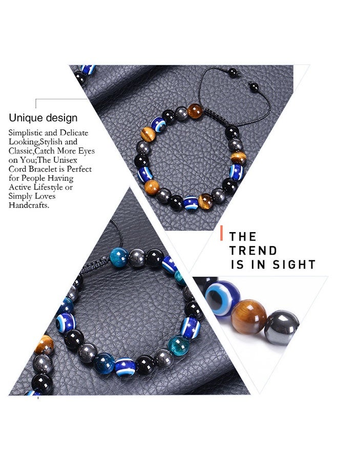 أساور العين الشريرة للحماية الرباعية للرجال (العين الشريرة ، عين النمر ، الهيماتيت ، حجر السج)سوار شفاء كريستالي مصنوع يدويا يمكن أن يجلب الحظ والسعادة والحماية (مرونة 8 مم) - Image 3