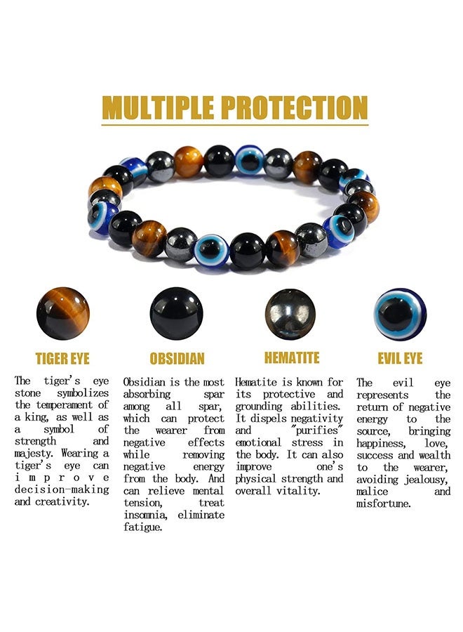 أساور العين الشريرة للحماية الرباعية للرجال (العين الشريرة ، عين النمر ، الهيماتيت ، حجر السج)سوار شفاء كريستالي مصنوع يدويا يمكن أن يجلب الحظ والسعادة والحماية (مرونة 8 مم) - Image 4