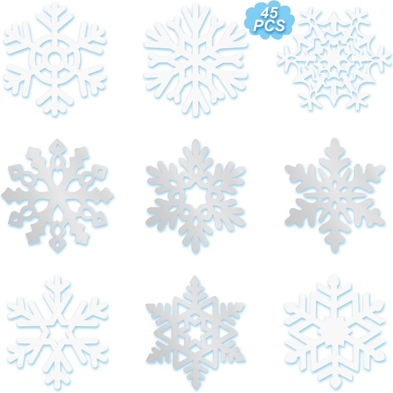 Zonon 45 Pieces Snowflake Cutouts Decorations, Winter Christmas Snowflake Paper Cutouts with Glue Point Dot for Bulletin Board Winter Party Home Class Office Decor Accessories (Silver,White) - Image 1