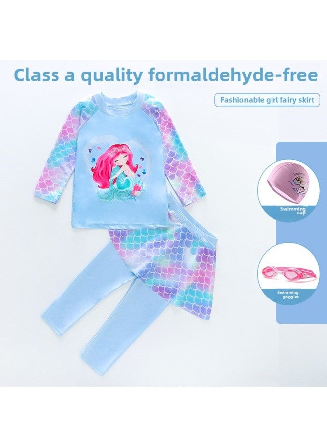 Loquat Children's Swimsuit Girls Split Two-piece Long Sleeve Swimsuit Mermaid Children's Clothing Swimsuit Wholesale-Color:light Blue-NT11556 (swimsuit Cap Goggles)- - Image 1