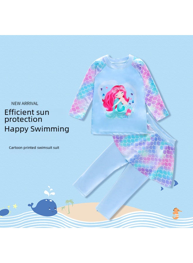 Loquat Children's Swimsuit Girls Split Two-piece Long Sleeve Swimsuit Mermaid Children's Clothing Swimsuit Wholesale-Color:light Blue-NT11556 (swimsuit Cap Goggles)- - Image 3
