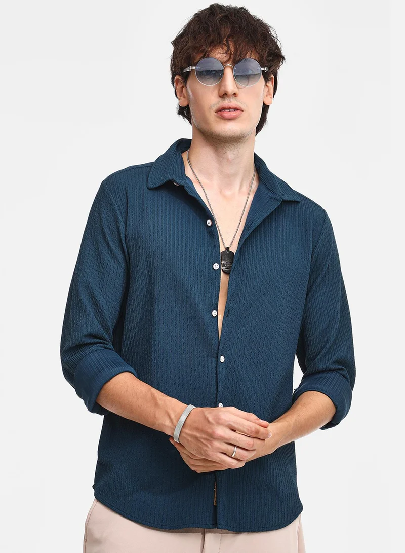 كامبوس سوترا قميص رجالي أزرق سماوي مخطط كاجوال بياقة واسعة وأكمام طويلة