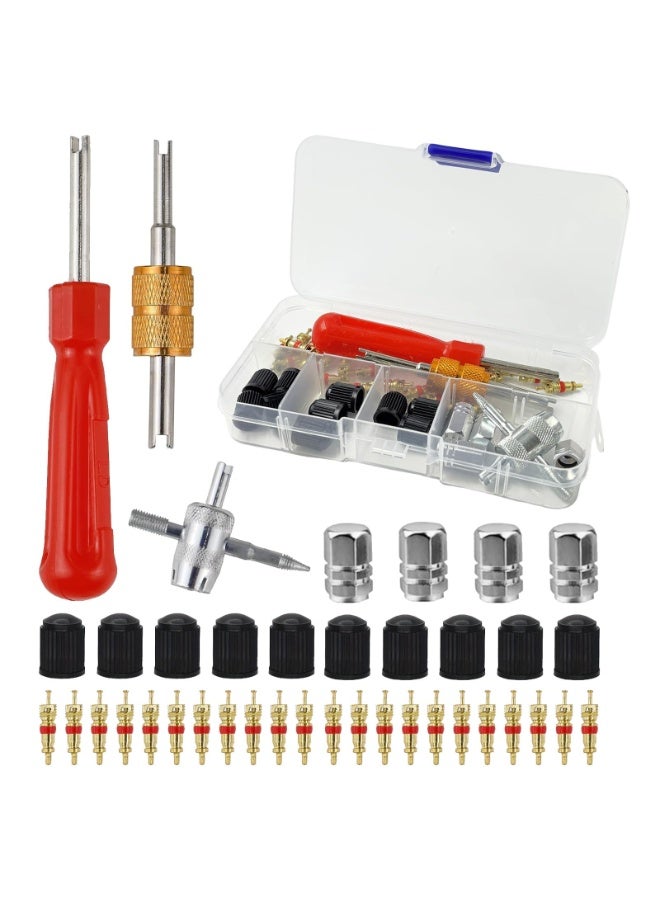 KOWVOWZ Tyre Valve Core Tool Kit, 4-Wayvalve Core Remover Tools, Valve Stem Replacement Set Tirevalve Caps Valvecores Tyre Valve Repair Kit, Dual & Single Tire Maintenance Tools for Auto Shops - Image 1