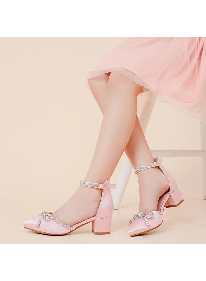 LAURMOSA Girls Sandals Closed Toe Girl Dress Shoes Pink Pointed Toe High Heels for Kid Ankle Strap Flower Girl Heeled Pumps in Wedding Party for Little Big Kids(L1019SaPink 3) - Image 2