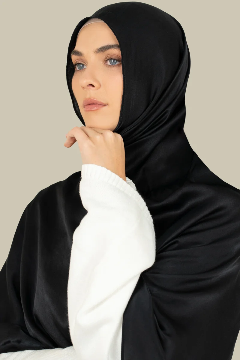 Silqrose  Black Silk Satin Hijab for Women | Best Price UAE