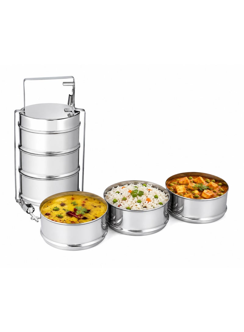 Bisbell Bombay Tiffin Carrier 3L (14x3) Stainless Steel Lunch Box with 3 Compartments, Locking Handle, Leak Resistant Food Storage Container Silver