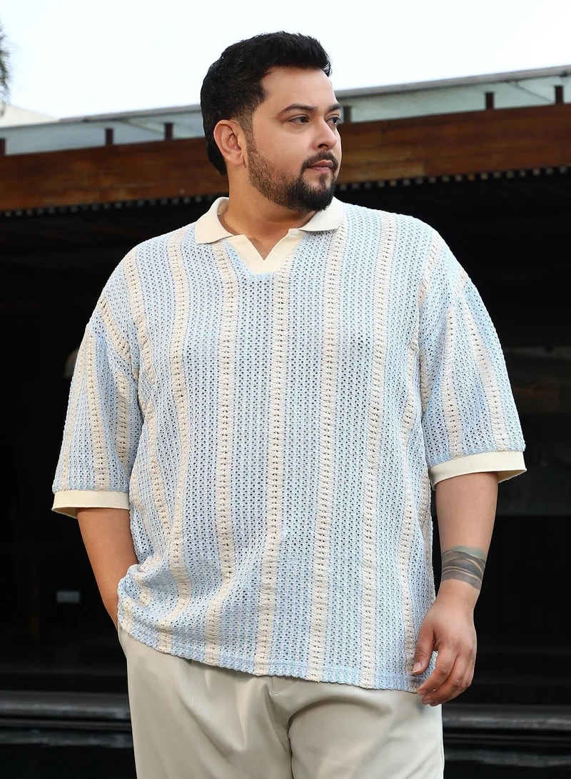 Instafab Plus Instafab Plus Men's Blue & White Open-Knit Striped Polo T-Shirt For Casual Wear | Polo Neck | Short Cuffed Sleeves | Half-Button Closure | Plus Size T-Shirt Crafted With Comfort Fit For Everyday Wear