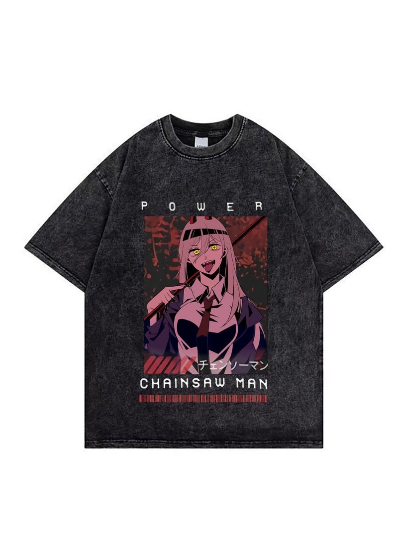 Washed retro T-shirt street hip hop anime Chainsaw Man casual cotton summer short sleeves - Image 1
