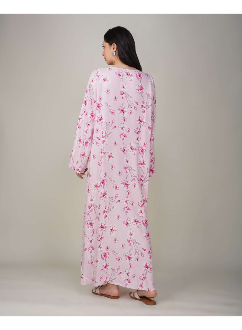 Linelle Ladies Floral Printed Jalabiya – Pink Full-Sleeve Rayon Dress with Embroidery Detailing on Neck - Image 4