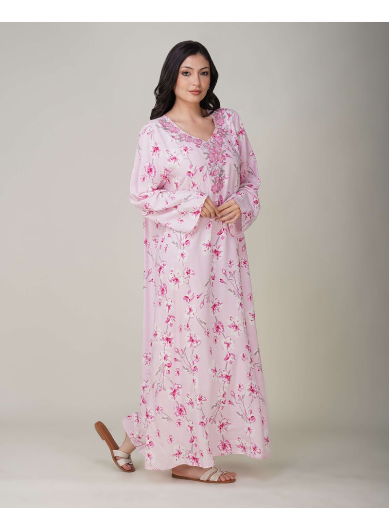 Linelle Ladies Floral Printed Jalabiya – Pink Full-Sleeve Rayon Dress with Embroidery Detailing on Neck - Image 3