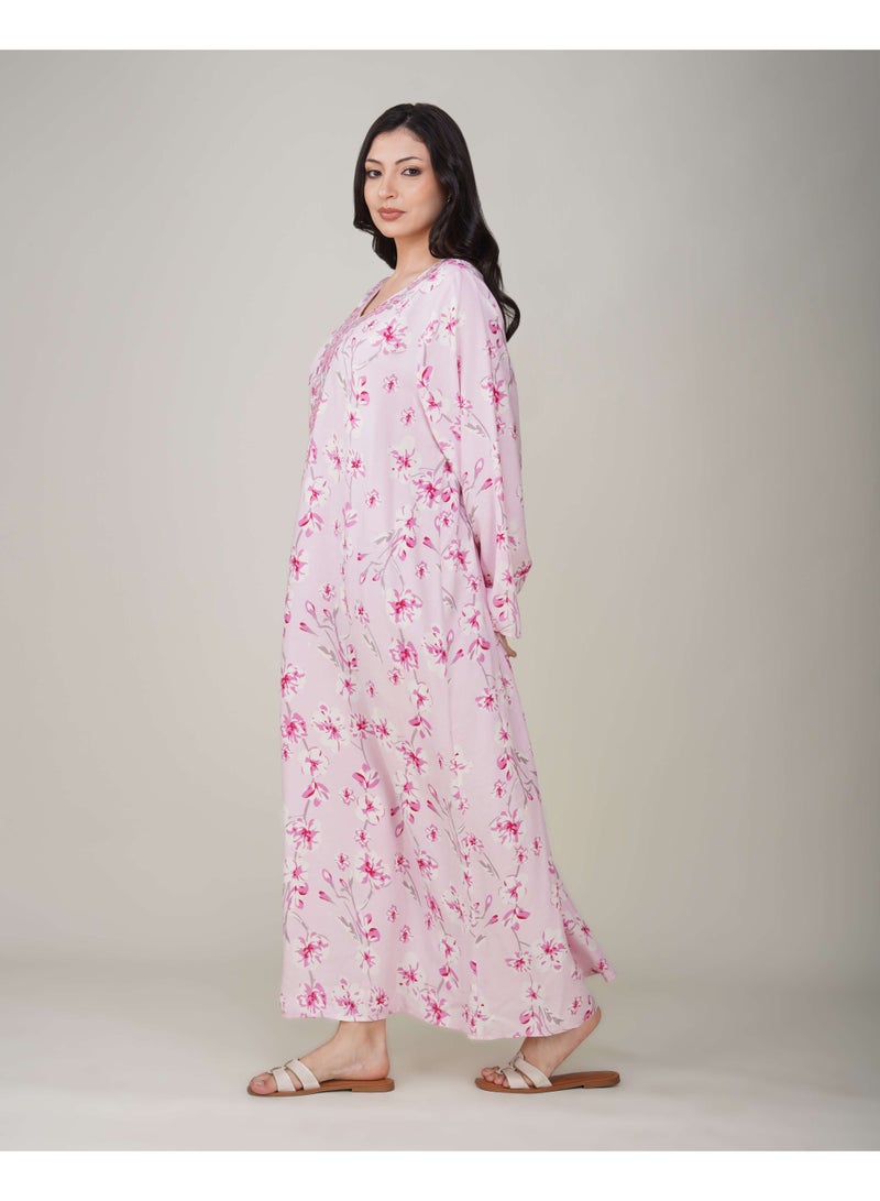 Linelle Ladies Floral Printed Jalabiya – Pink Full-Sleeve Rayon Dress with Embroidery Detailing on Neck - Image 2