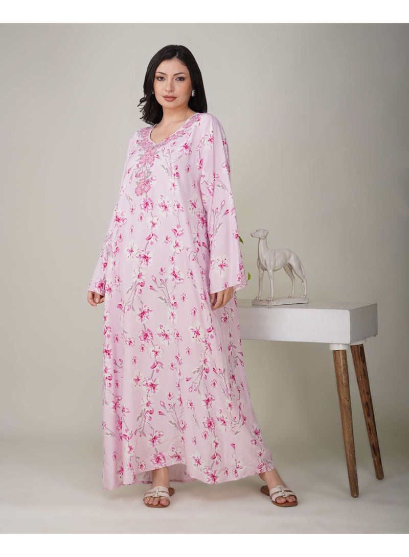 Linelle Ladies Floral Printed Jalabiya – Pink Full-Sleeve Rayon Dress with Embroidery Detailing on Neck - Image 1