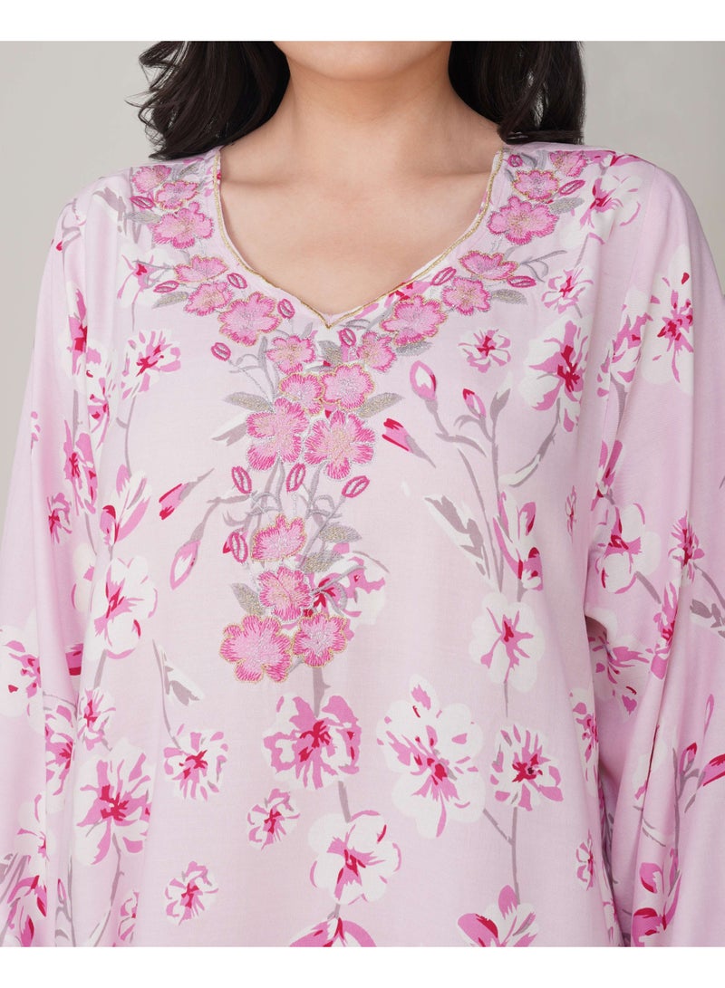 Linelle Ladies Floral Printed Jalabiya – Pink Full-Sleeve Rayon Dress with Embroidery Detailing on Neck - Image 5