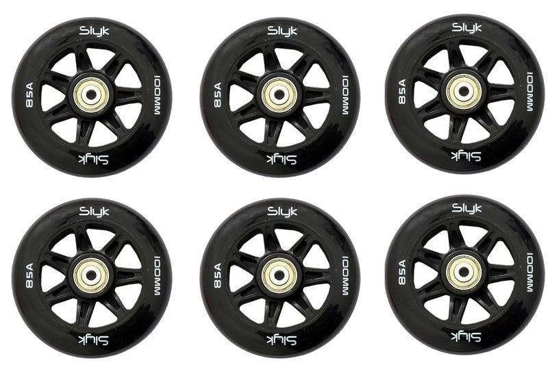 SLYK 100mm Inline Skate PU Wheels, 85A Hardness ABEC-11 Bearings with Spacers, 100mm Replacement Wheels for inline skates (Pack of 6) - Image 1