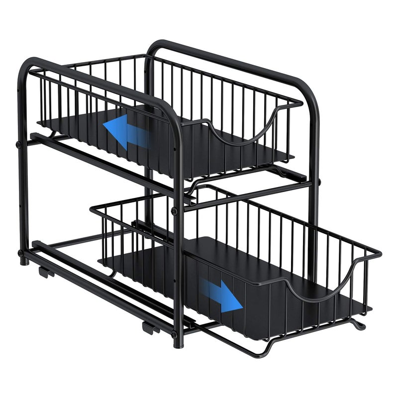 AIYAKA Pull-out Cabinet Organizer, Stackable 2-tier Under Sink Rack, with Sliding Storage Drawer for Pantry, and Desktop, for Bathroom, Kitchen, Office, Black - Image 3