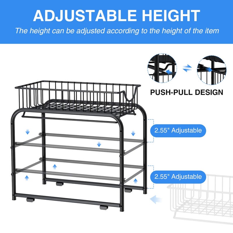 AIYAKA Pull-out Cabinet Organizer, Stackable 2-tier Under Sink Rack, with Sliding Storage Drawer for Pantry, and Desktop, for Bathroom, Kitchen, Office, Black - Image 4