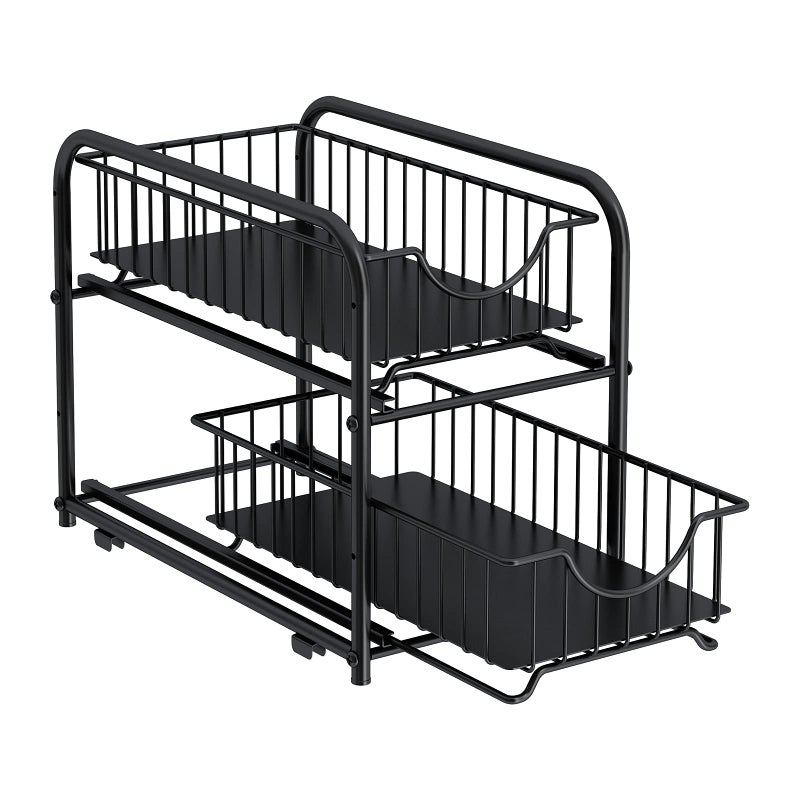 AIYAKA Pull-out Cabinet Organizer, Stackable 2-tier Under Sink Rack, with Sliding Storage Drawer for Pantry, and Desktop, for Bathroom, Kitchen, Office, Black - Image 1