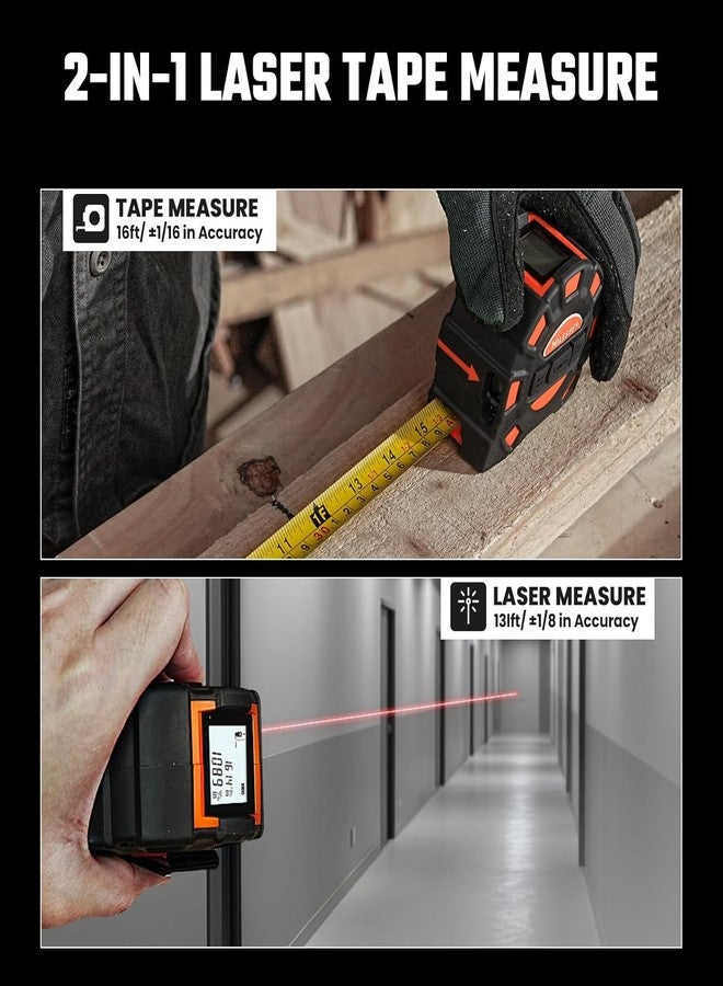 MILESEEY 2-in-1 Laser Measuring Tape, 16Ft Tape Measure & 131Ft Rechargeable Laser Measurement Tool with Backlit Display, Auto-Lock Tape with Magnetic Hook, M/Ft/In/Ft+In, 20 Groups Historical Memory - Image 3