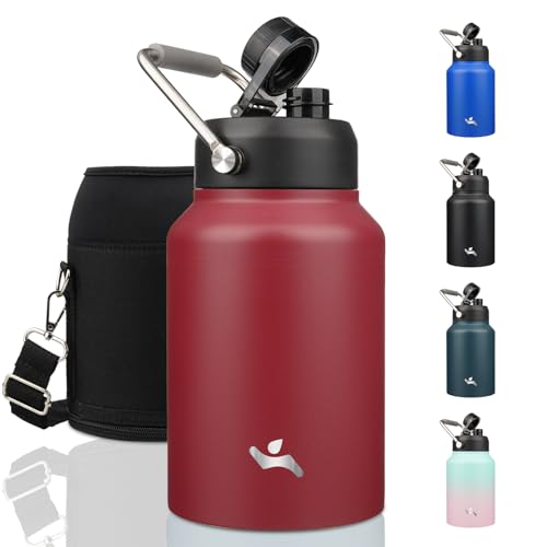Konokyo Half Gallon Jug with Handle,64 oz Insulated Water Bottle with Carrying Pouch,Double Wall Vacuum Stainless Steel Metal Bottle,Dark red - Image 1