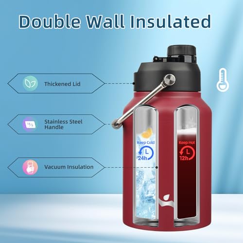 Konokyo Half Gallon Jug with Handle,64 oz Insulated Water Bottle with Carrying Pouch,Double Wall Vacuum Stainless Steel Metal Bottle,Dark red - Image 3