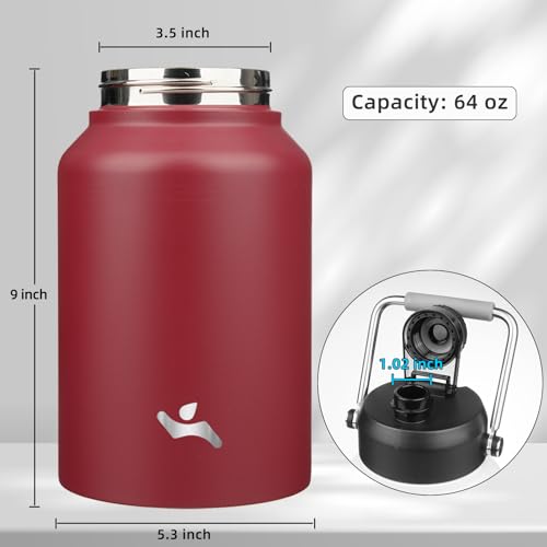 Konokyo Half Gallon Jug with Handle,64 oz Insulated Water Bottle with Carrying Pouch,Double Wall Vacuum Stainless Steel Metal Bottle,Dark red - Image 2