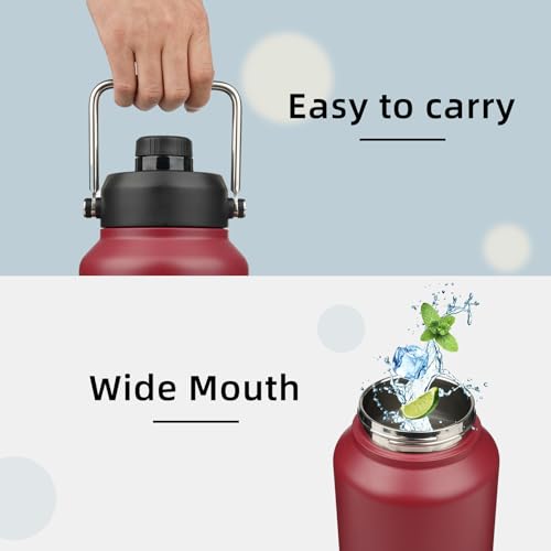 Konokyo Half Gallon Jug with Handle,64 oz Insulated Water Bottle with Carrying Pouch,Double Wall Vacuum Stainless Steel Metal Bottle,Dark red - Image 4
