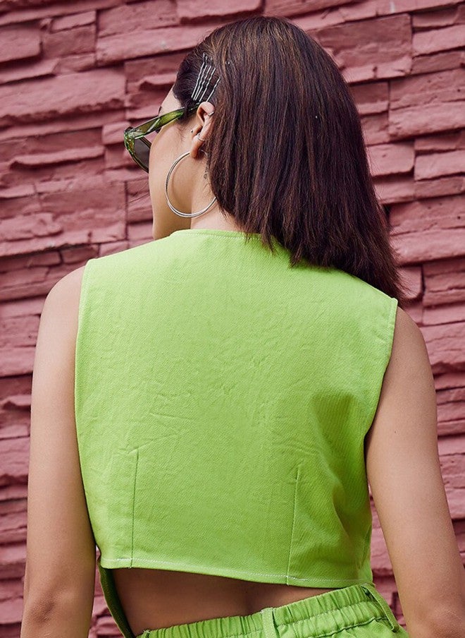 Athena Green Crop Cotton Tailored Jacket for Women - Image 4