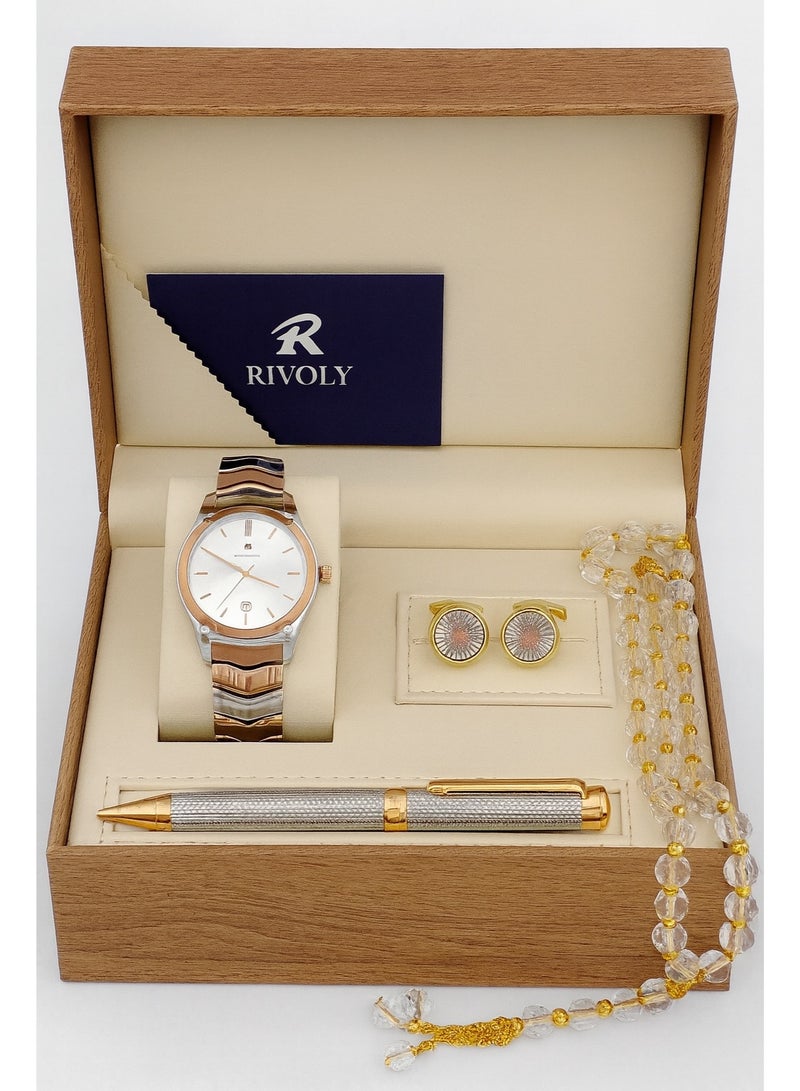 ريفولي طقم ساعة رجالي فاخر من الستانلس ستيل للهدايا مع قلم وأزرار أكمام وسبحة أنيقة - Image 2