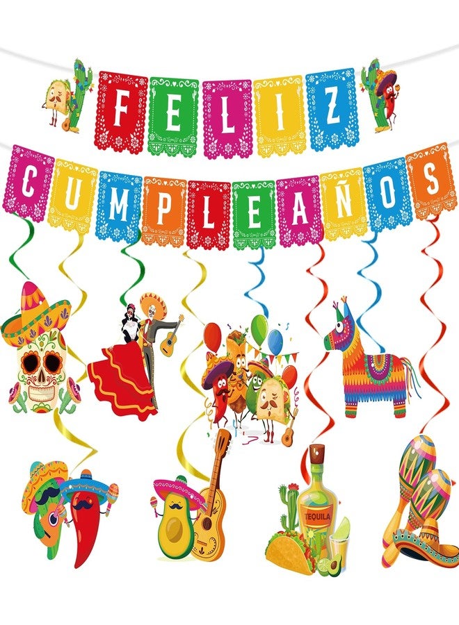 Rakuto Mexican Birthday Party Decorations - 10PCS Mexican Party Decorations Feliz Cumpleaños Banner Hanging Swirls Decoration Fiesta Themed Día De Los Muertos Cinco De Mayo Birthday Decor Supplies - Image 1